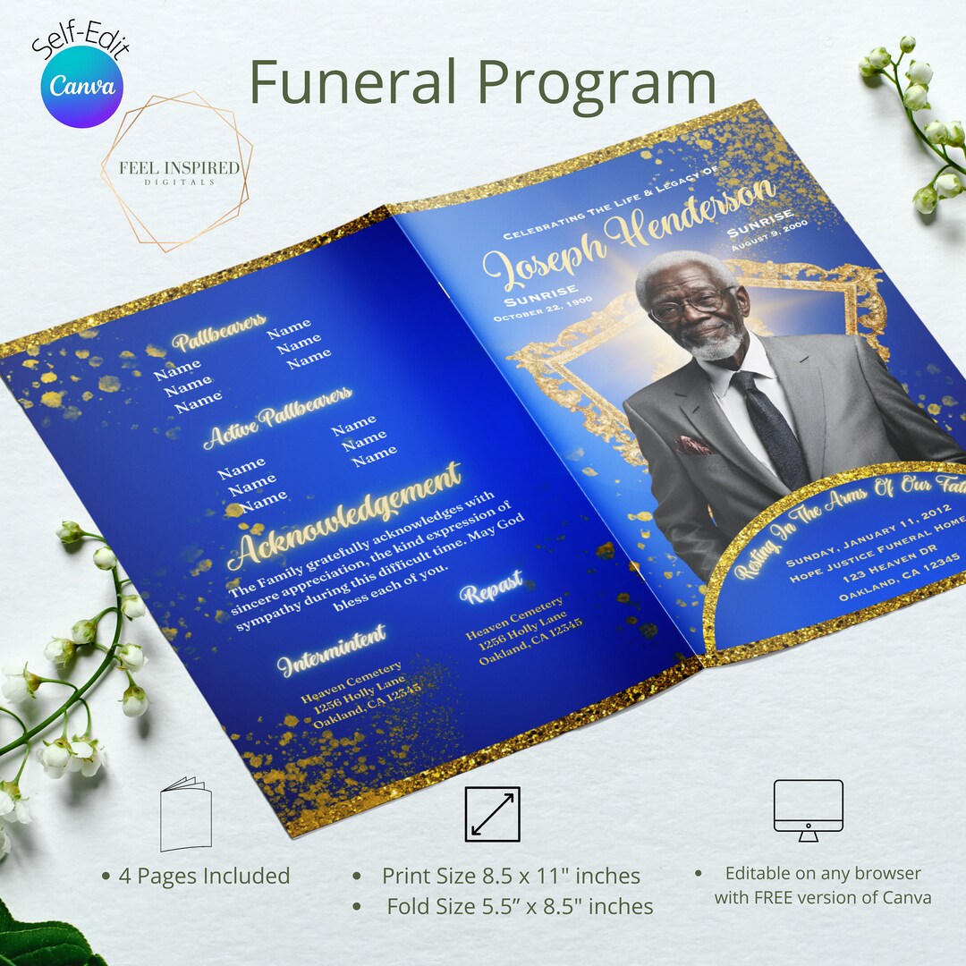 Funeral Program in Blue and Gold. Magazine Style Obituary. 4 Pages Etsy