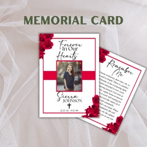 Cartes commémoratives personnalisées | roses rouges | Souvenir de prière funéraire | Imprimé | Papier laminé ou cartonné