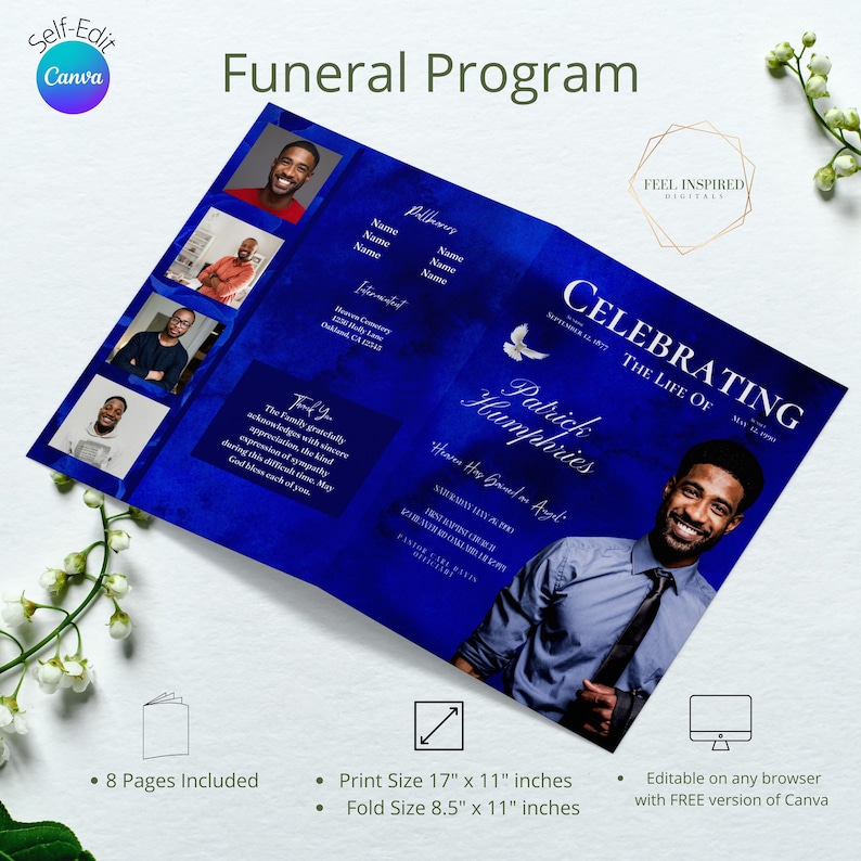Royal Blue Funeral Program Tabloid 8 Page Template Obituary - Etsy