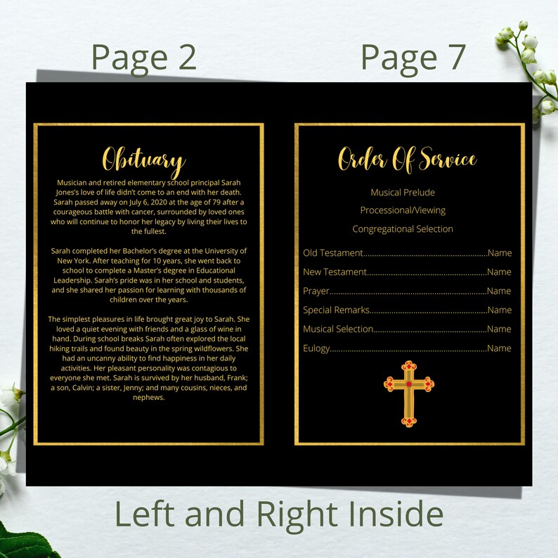 8 Page Black and Gold Funeral Program. Celebration of Life Etsy
