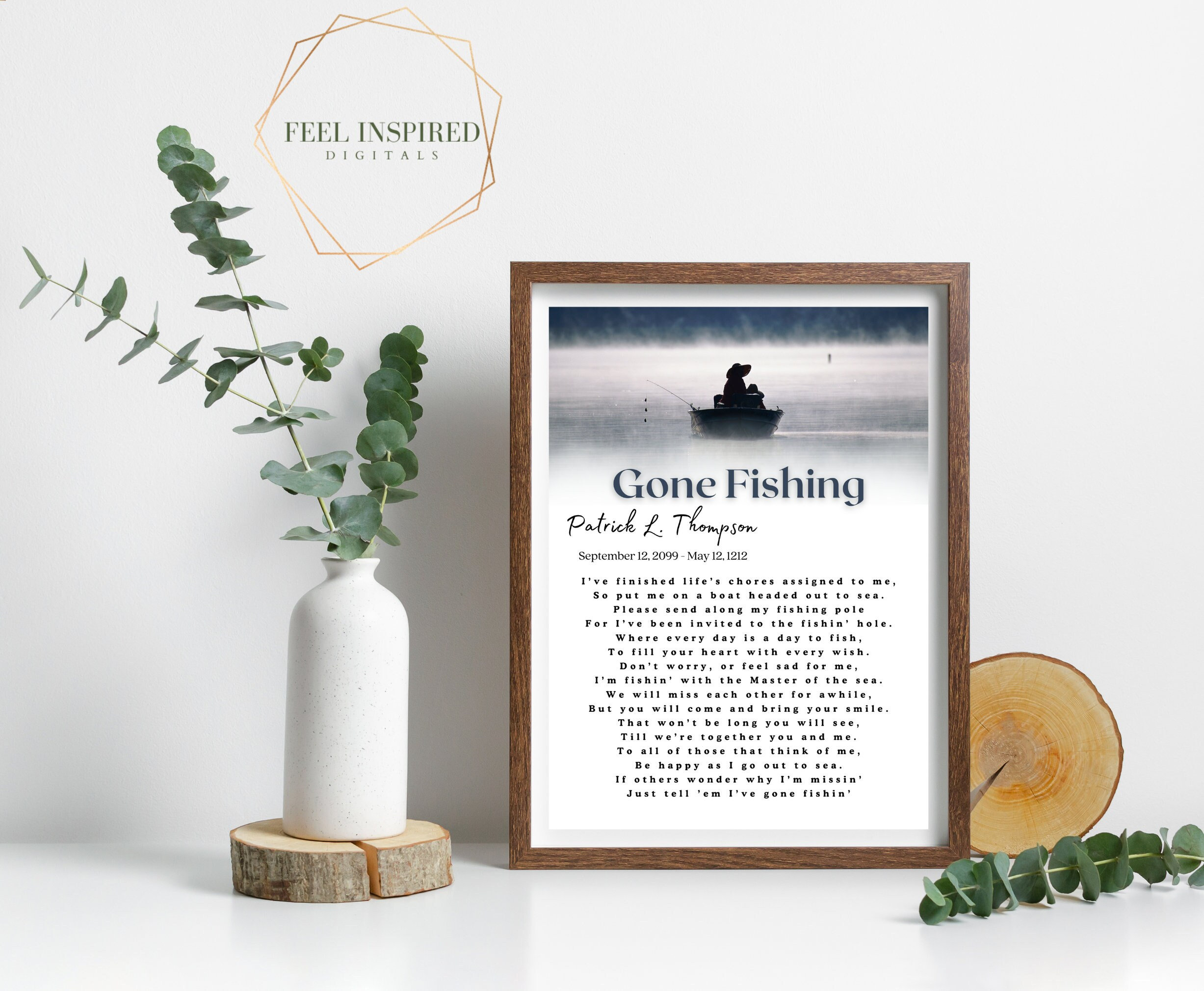 Sunset Gone Fishing Memorial Poem Printable File with Name and Dates.  Celebration of Life. Remembrance Funeral Table Art.