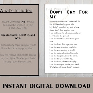 Don't Cry for Me Memorial Poem. Celebration of Life, Funeral ...