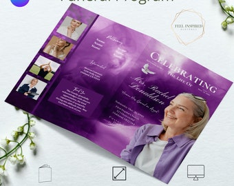 8 Page Purple Funeral Program. Canva Template Size 17x11. Celebration of Life