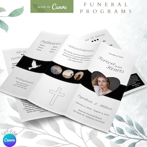 May include: Black and white funeral program template with a photo of a woman in a heart-shaped frame. The program includes the name "Cynthia L. Hilton", dates, and the text "Forever in our Hearts".