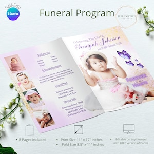 Purple Butterfly & Gold Baby/Child Funeral Program, Tabloid Template, Obituary, Magazine Style  In Loving Memory Program. Size 11x17 inches.