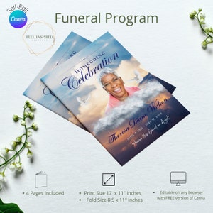 Plantilla de programa funerario Sky Clouds: estilo revista de obituarios (descarga digital)