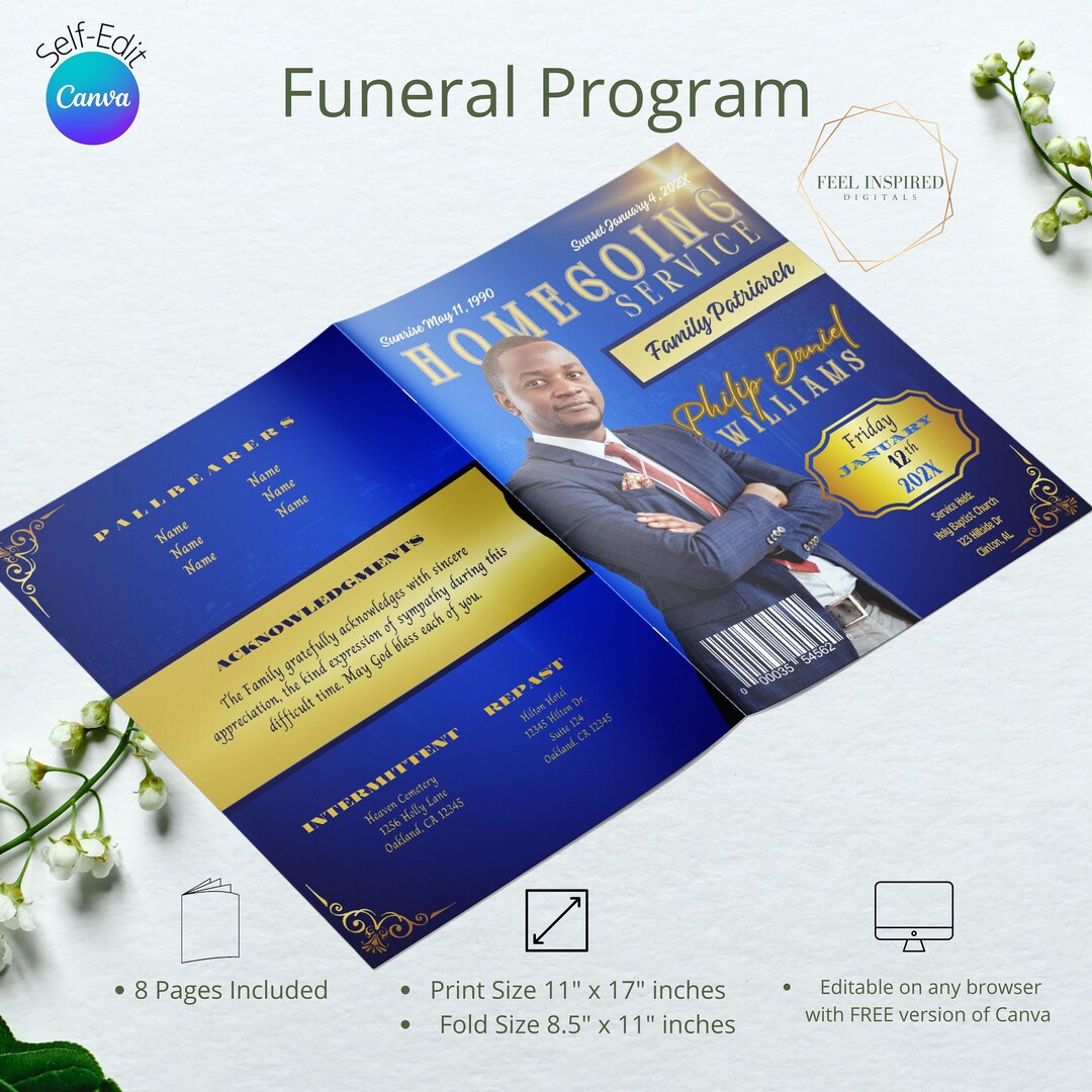 Blue and Gold Homegoing Celebration Funeral Program, Tabloid Template ...