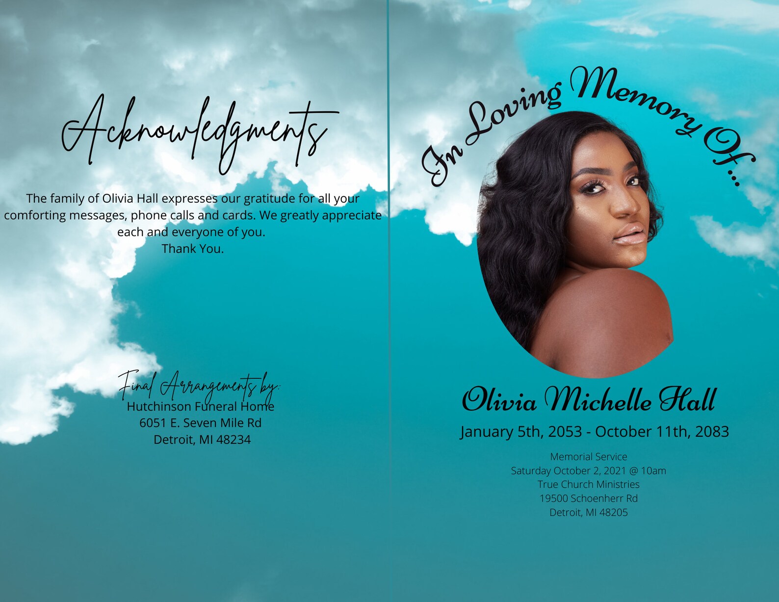Blue Funeral Program Template Obituary With Clouds in Loving Etsy