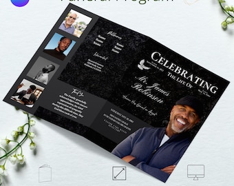 Black  Magazine Style Funeral/Memorial Program. Canva Template. 8 Pages Size 8.5x11 inches