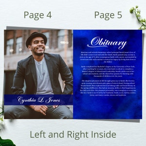Royal Blue Clouds Funeral Program Template: Obituary Magazine (17x11