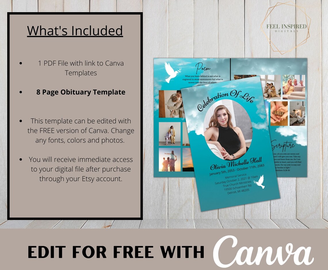 Blue Funeral Program Template. Memorial Service Program With Etsy