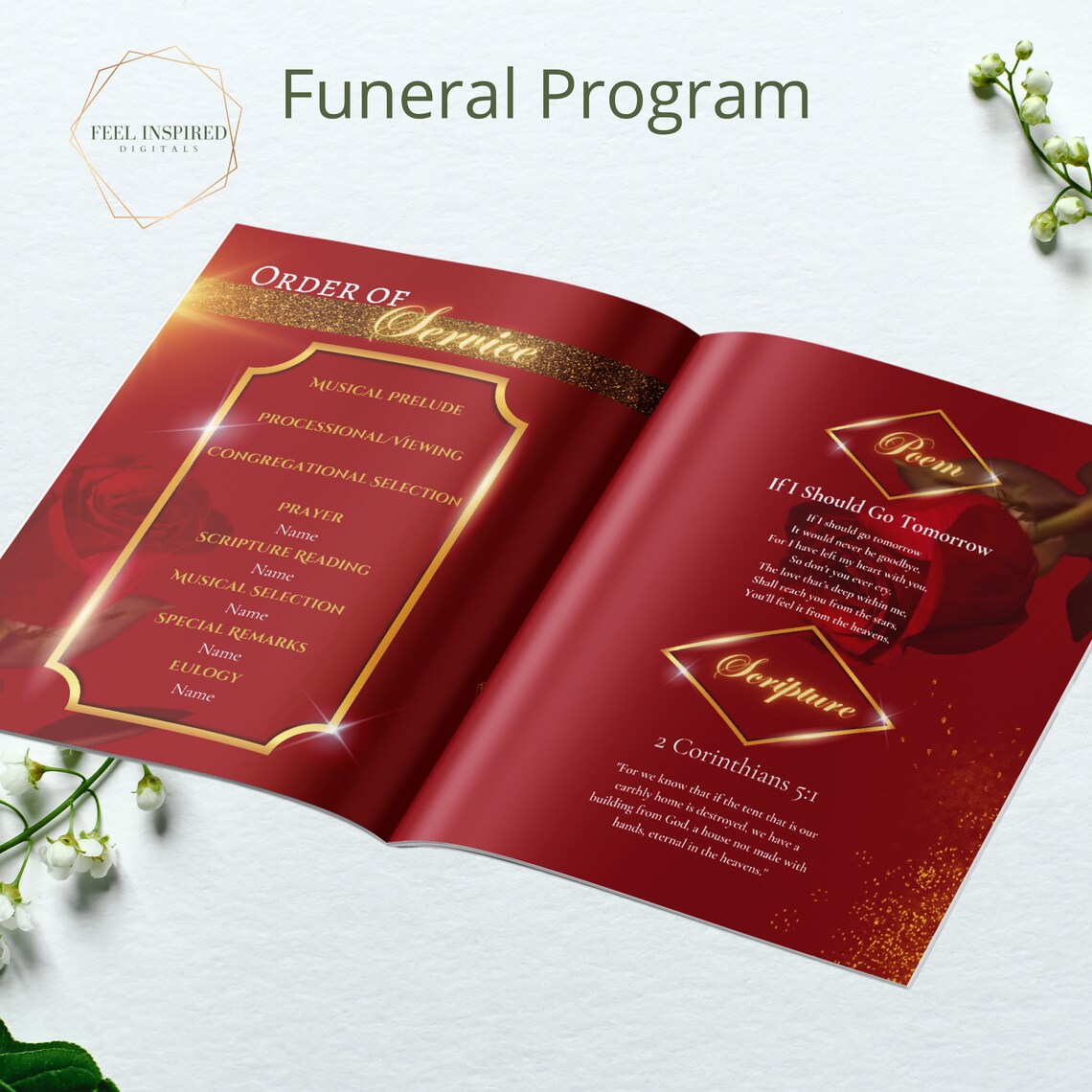 Funeral Program in Red and Gold Roses. Large Magazine Style Booklet ...