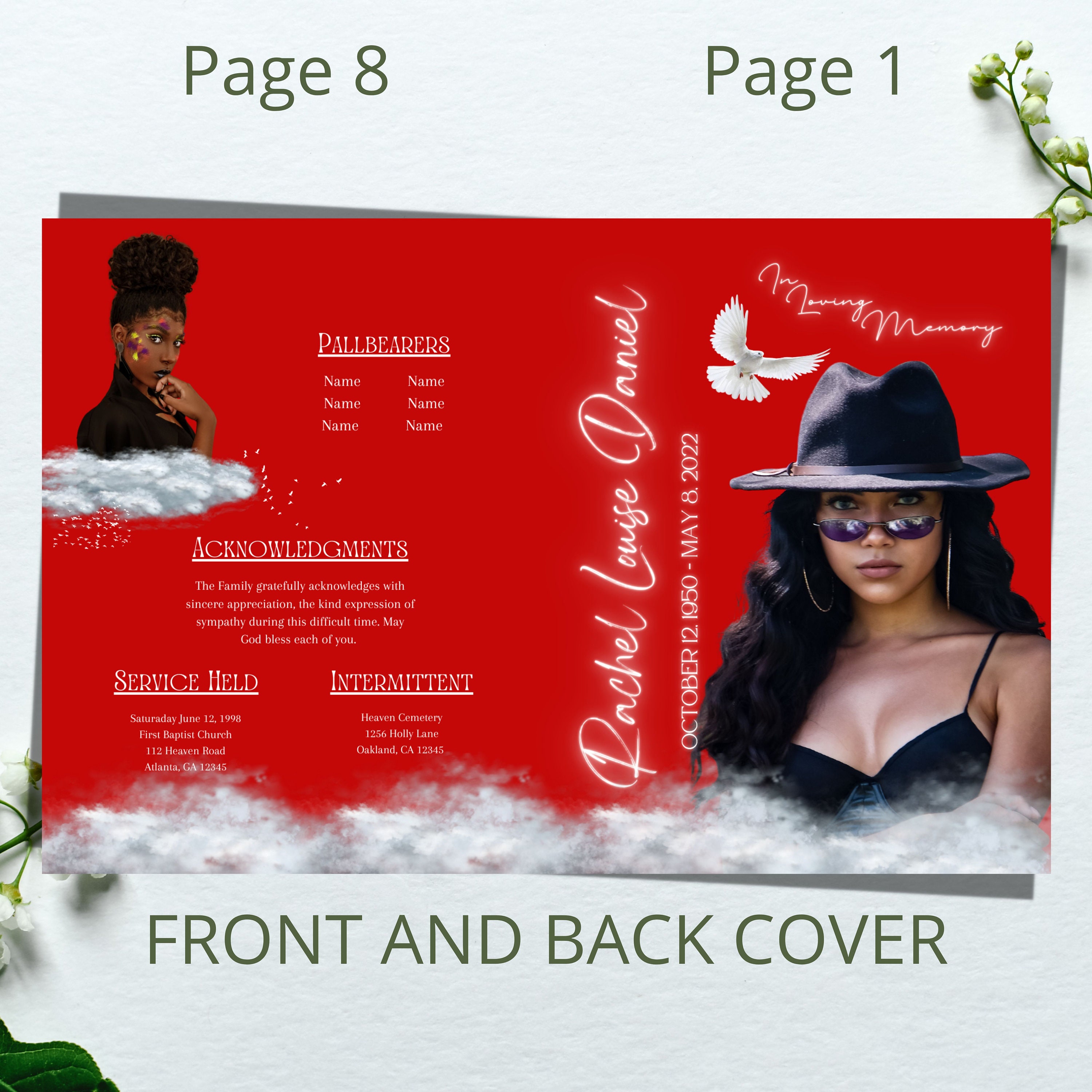 Elegant Red Funeral Program Template: Clouds Design (8.5x11, 8 Pages ...