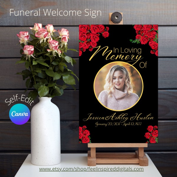 Black Funeral Poster with Red Roses and Gold Decor. Memorial Poster. Editable Canva Template.