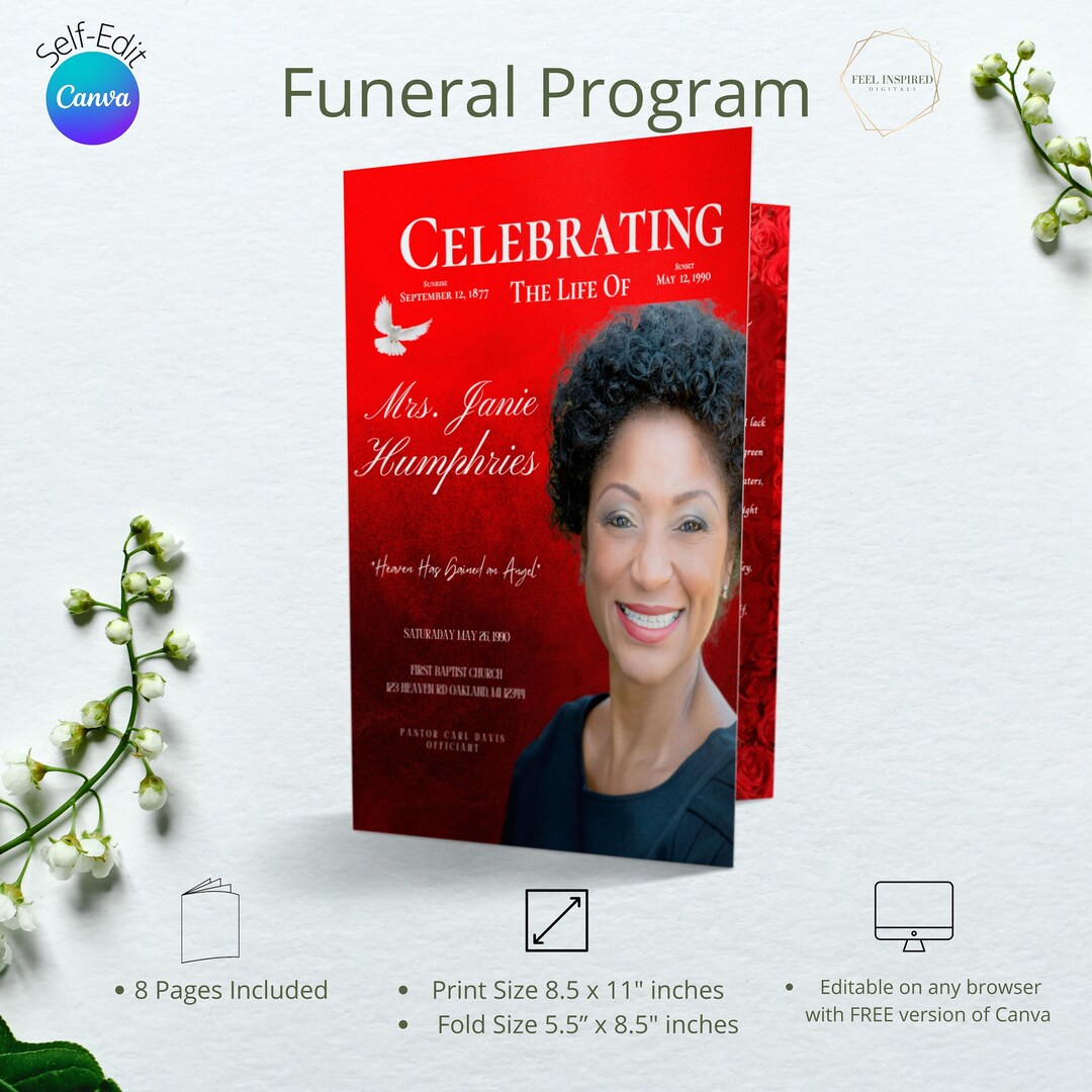 Red Roses Funeral Program Template: Celebration of Life (8 Pages, Canva ...