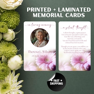 CARTES COMMÉMORATIVES LAMINÉES | Styles de conception de fleur rose | Souvenir funéraire personnalisé | Taille 3,5 x 5,5 pouces | Bords arrondis |