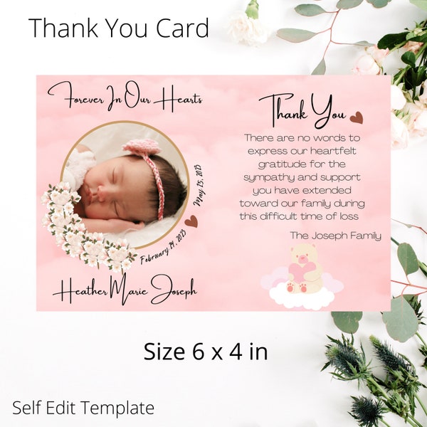 Baby/Child Funeral Thank you Card Template. Pink Clouds Obituary Thank you Card with Canva