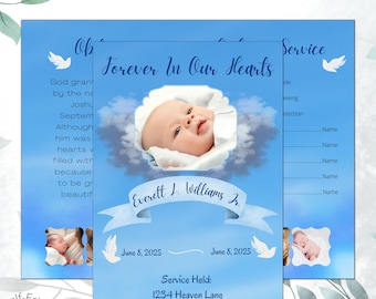 Baby/Child Blue Funeral Program Template. Boy/Male Obituary. Canva Self Edit