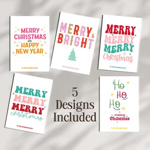 Set of 25 Personalized Christmas Cards | Holiday Card Pack with White Envelopes | 5 Designs