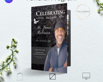 Black  Magazine Style Funeral/Memorial Program. Canva Template. 8 Pages Size 17x11 inches