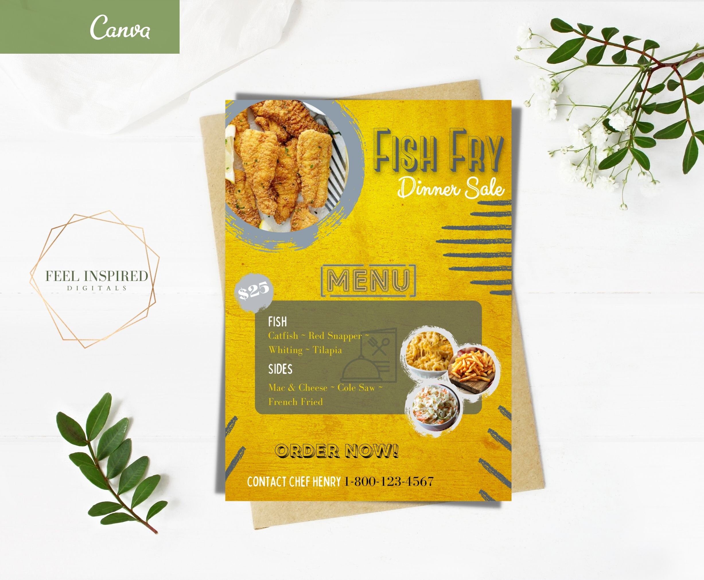 Yellow Fish Fry Flyer Template. Canva Editable Template. Etsy