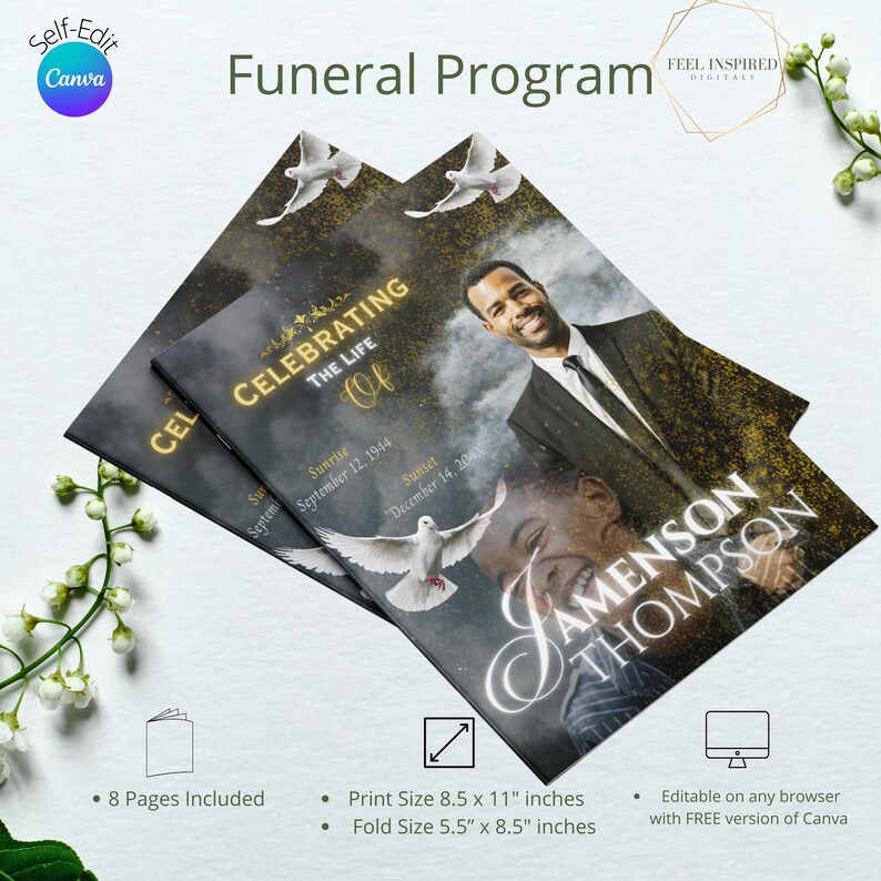 Funeral Program in Black and Gold. Small Magazine Style Etsy