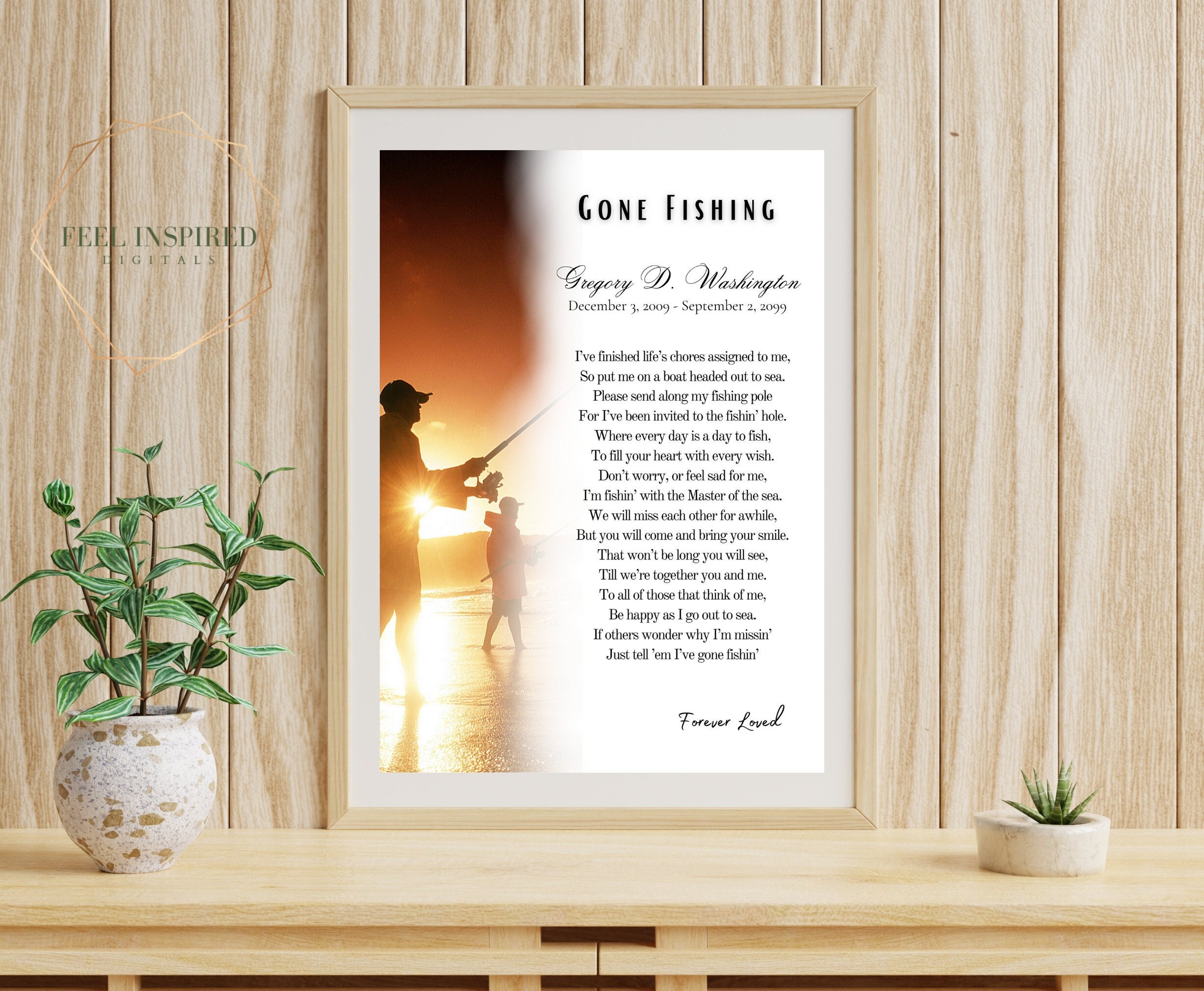 Sunset Gone Fishing Memorial Poem Printable File With Name and Dates.  Celebration of Life. Remembrance Funeral Table Art. 