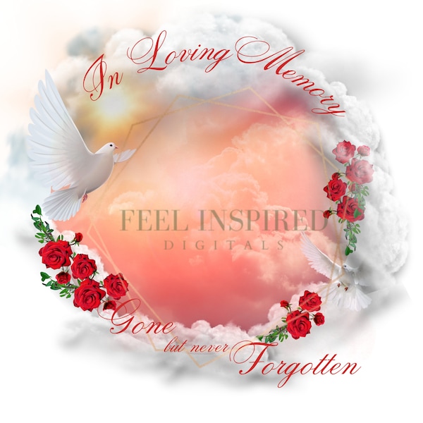 Red Sky with Clouds and Roses In Loving Memory PNG. Memorial Background with Angel Wings and Clouds. Rest in Peace, RIP T-Shirt Photo