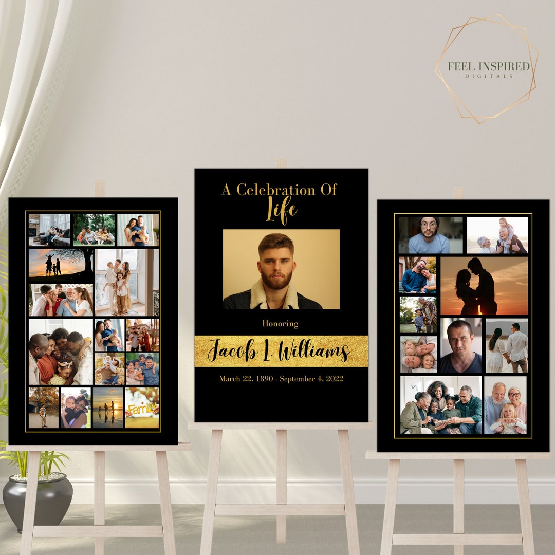 Black and Gold Funeral Poster Display. Memorial Poster for Funeral or Celebration of Life. Photo