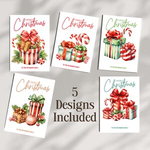 Set of 25 Personalized Christmas Presents Cards | Holiday Card Pack with White Envelopes | 5 Designs