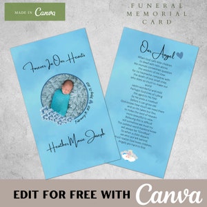 Tarjeta de oración conmemorativa del bebé azul. Plantilla de Canva. Favores funerarios para bebés/niños