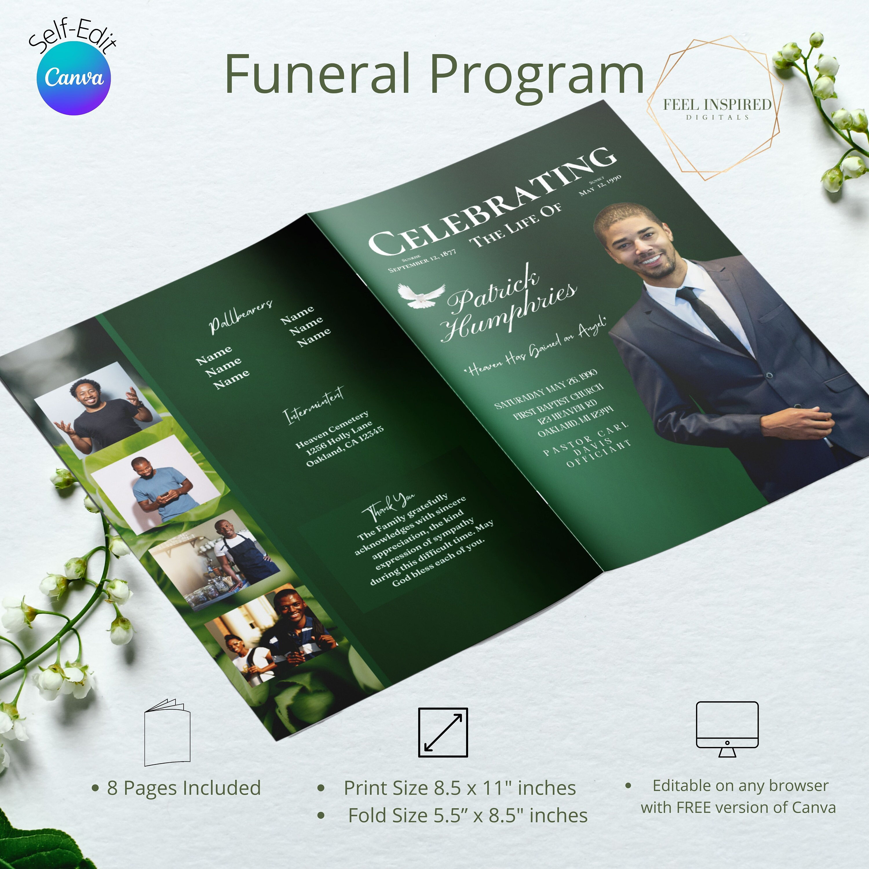 Regal Green Funeral Program Template: 8-Page Magazine Style (8.5x11 inches) (Digital Download)