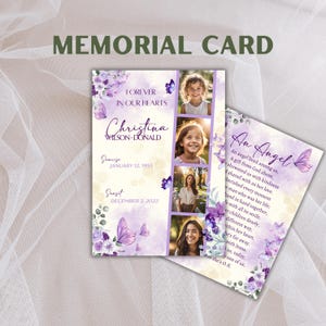 Cartes de prière commémoratives personnalisées | Papillon floral violet | Souvenir commémoratif | Souvenir funéraire | Imprimé | Papier laminé ou cartonné