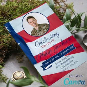 Military Memorial Service Program, American Flag Obituary Template, Veteran Celebration of Life Patriotic Printable Canva Template