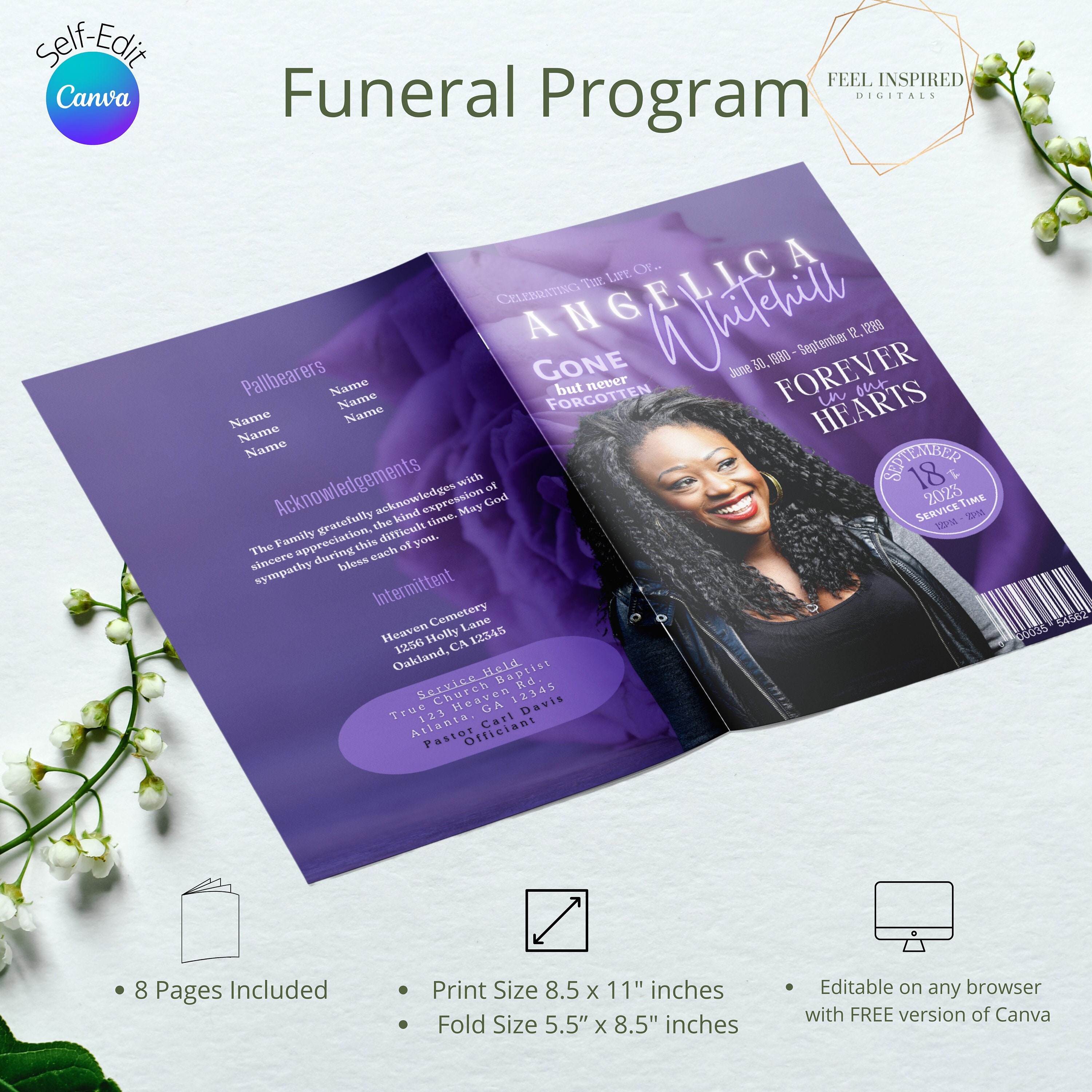Purple Floral Funeral Program, Tabloid Template, Obituary, Magazine Style  In Loving Memory Program. Size 8.5x11 inches. 8 page Booklet