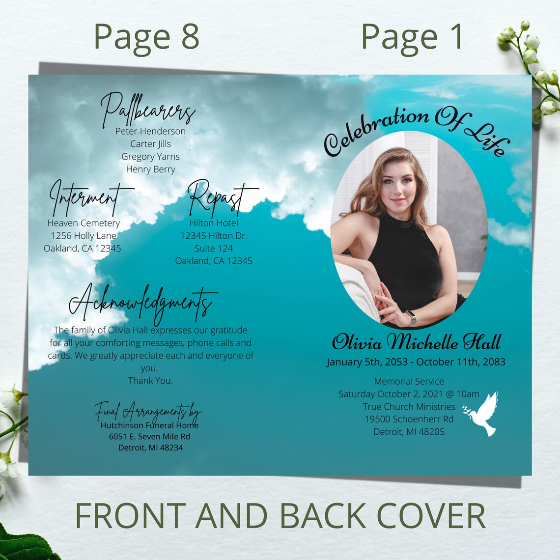 Blue Funeral Program Template. Memorial Service Program With Etsy