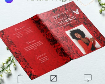 Red Roses Obituary Funeral Program Booklet. Size 8.5x11 Magazine Style. Celebration of Life 8 Pages.