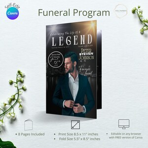 Könnte beinhalten: Eine schwarze und goldene Vorlage für ein Trauerprogramm mit einem Foto eines Mannes im Anzug. Das Programm enthält den Text "Celebrating the Life of a LEGEND", "Peter Steven Johnson", "Forever Loved" und "Service Held Saturday June 12th 2099". Das Programm ist 8,5 Zoll mal 11 Zoll groß und lässt sich auf 5,5 Zoll mal 8,5 Zoll falten.