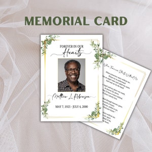 Cartões de oração personalizados | Lembrança verde floral & do memorial da beira do ouro de <br> Entrega Rápida? Lembrança Funeral | Impresso | Laminado ou cartolina