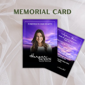 Tarjetas conmemorativas/de oración personalizadas / Skyline púrpura y negro / Recuerdo conmemorativo personalizado / Recuerdo funerario / Impreso / Laminado o Cartulina