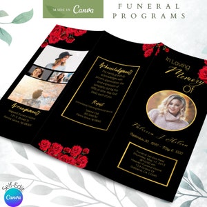 Tri-Fold Black and Gold Funeral Program with Red Roses. Size 8.5x11 inches. Celebration of Life Obituary