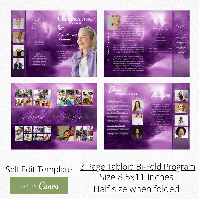 8 Page Purple Funeral Program. Canva Template Size 17x11. Etsy