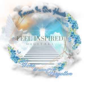 Heaven Stairway Clouds Forever In Our Hearts PNG. Memorial Background with Angel Wings and Clouds. Rest in Peace, RIP T-Shirt Photo