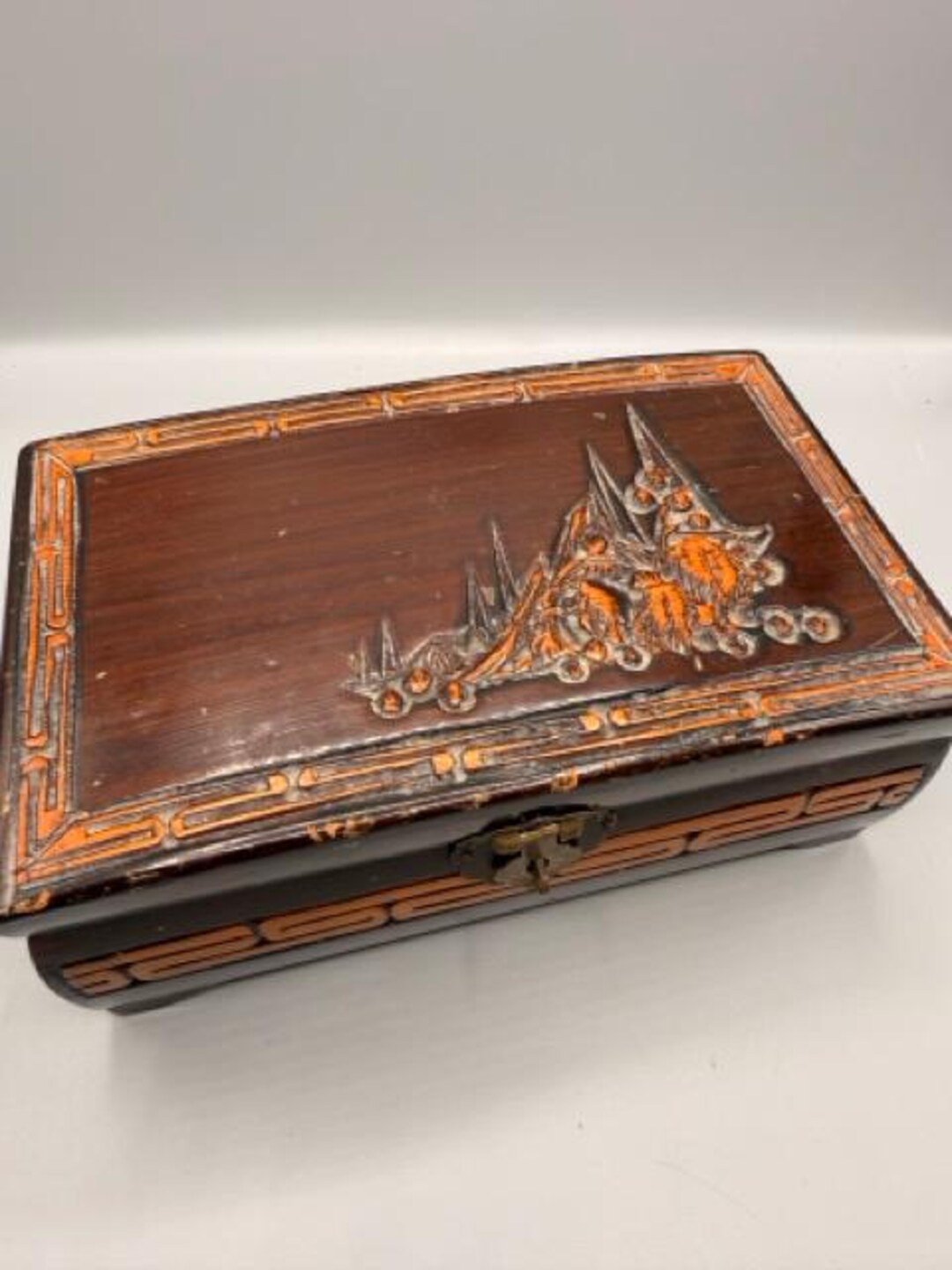 Antique Hand-carved Chestnut Box – 10” Asian Bamboo Style – Decorative ...