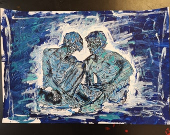 BLUE Boys Talk- Original Gemälde Acryl auf Papier