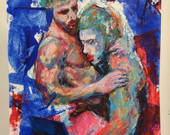 Paperwork BluLine Hugging Couple 02 - Original Gemälde Acryl auf Papier IMG_20210921_185354 Gayboys, Kiss, Umarmung