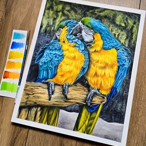 Tropical Tenderness.  Original Watercolour Painting of Macaws, Colourful Bird Art, Parrots,Nature-Inspired Home Decor.