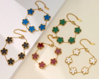 18K Gold Plated Five Leaved Clover Bracelet, Golden Motif Good Luck Charm Clover Bracelet Necklace Earrings Set, Mothers Day Gift