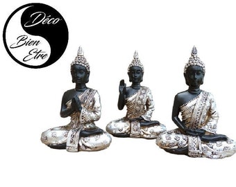 Set of 3 Silver Buddha Figurines Ornament Sculpture 