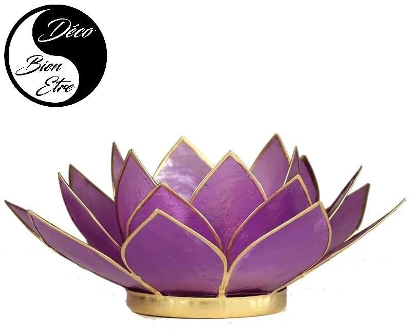 Photophore Fleur de Lotus Sculptée à Base Coquilles Capiz Couleur Violet avec Bordures Dorées